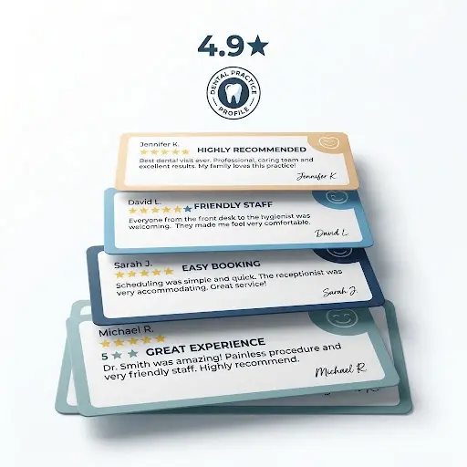 Dental practice review cards with a 4.9 star rating