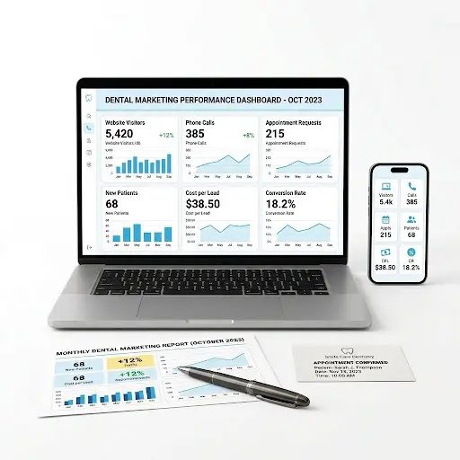 Dental marketing performance dashboard on a laptop and phone