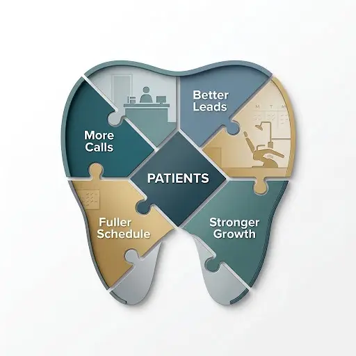 Tooth-shaped puzzle showing more calls, better leads, fuller schedule and stronger growth