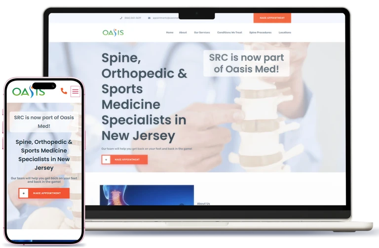 Spine, orthopedic and sports medicine clinic website shown on laptop and phone